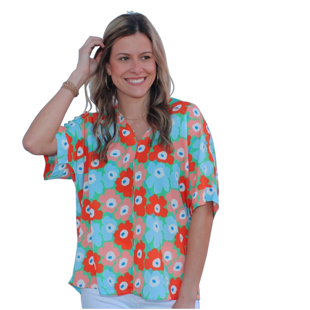 JODIFL Blouse Flutter Sleeve Graphic oversized coral/blue floral print size L..